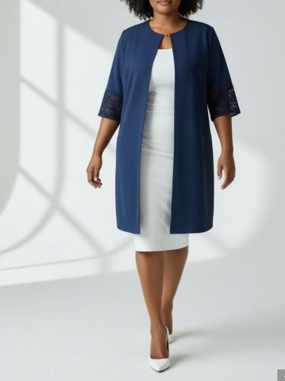 Jessica London Topper Jacket 20W Blue Mid Length Longline 3/4 Lace Sleeve